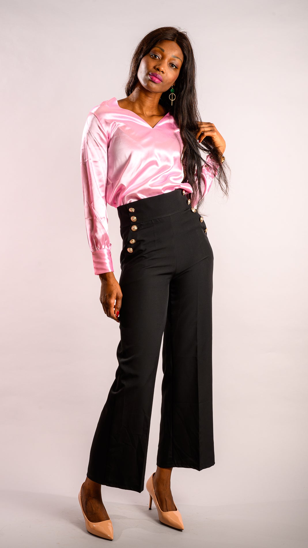 Pantalon taille haute à bouton Isis